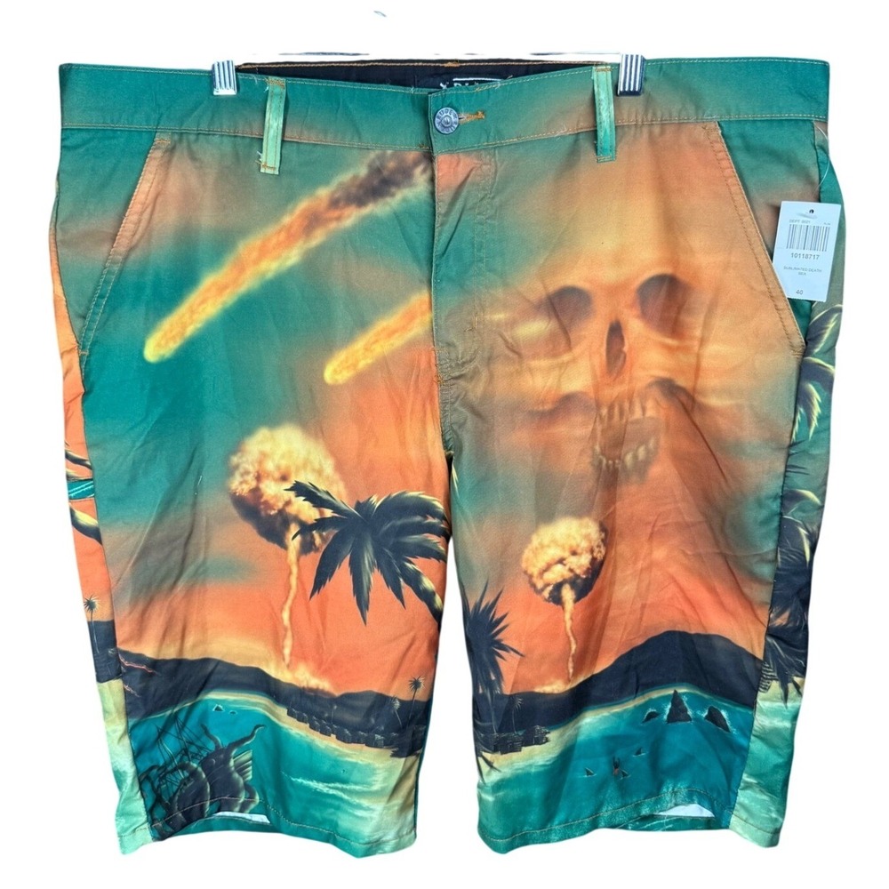 RUDE Men's Sublimated Death Hawaiian Skull Palm Tree Swim Board Shorts Size 40